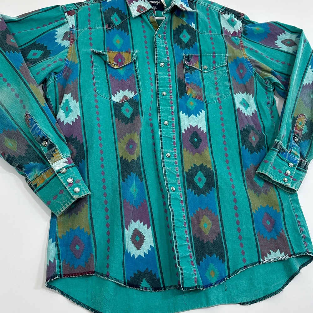 Vintage Wrangler Brushpopper Pearl Snap Shirt 16.5/35 Striped Aztec 90s USA RARE - Picture 7 of 12
